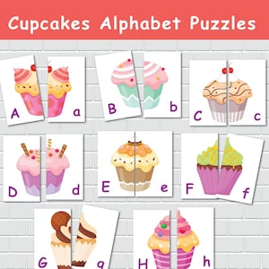 Cartões de correspondência do alfabeto de cupcakes, jogo de correspondência para crianças, aprendizagem ABC, cartões de simetria para impressão, aprendizagem pré-escolar, pré-escolar do jardim de infância