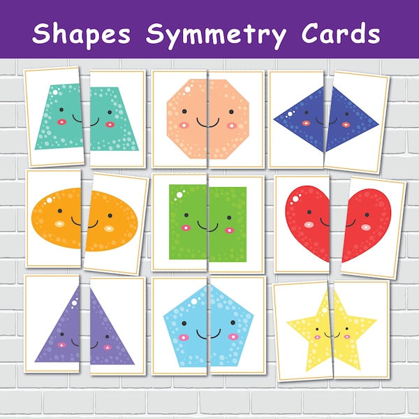 2D Shapes Symmetry Cards, Geometric Shapes Matching Game, Toddler Matching Activity, Preschool Printables, Kindergarten Visual Cards.