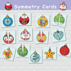 Carte di simmetria con ornamenti natalizi, gioco di abbinamento prescolare, attività di abbinamento per bambini, attività di apprendimento, materiale Montessori.