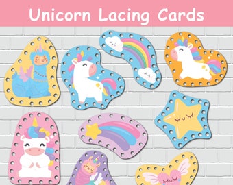 Unicorn Lacing Cards, Preschool Fine Motor Skill Activity, Toddler Activity, Montessori Tying Toy, Learning Activity