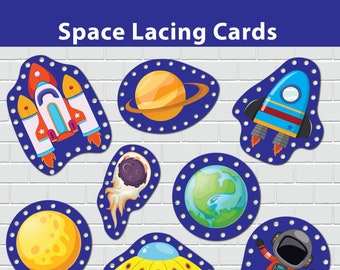 Tarjetas de atar con el espacio, actividad de motricidad fina para preescolar, actividad para niños pequeños con temática del universo, juguete Montessori para atar, práctica de atar con el espacio
