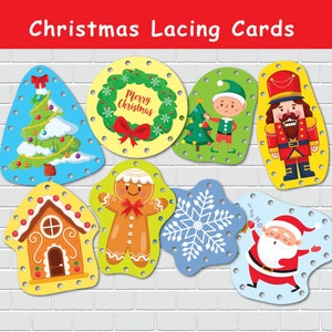 Tarjetas navideñas de cordones, actividad preescolar de habilidades motoras finas, práctica de cordones para niños pequeños, juguete para atar Montessori, actividad de aprendizaje de invierno.