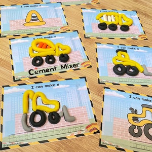 Tapis de pâte à modeler de construction, Play Doh imprimable de camions, activités préscolaires, motricité fine, activité de temps calme pour tout-petits.