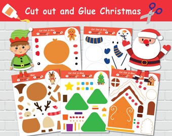 May include: A set of six printable Christmas-themed cut-out and glue activity sheets. The sheets feature a gingerbread man, a snowman, a reindeer, a Christmas tree, a gingerbread house, and an elf. Each sheet has a title that says "Cut Out & Glue".