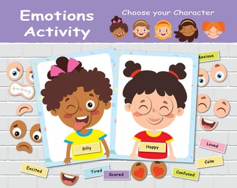 Girls Emotions Activity, Kids Feelings Matching Game, Personalized Busy Book Page, Preschool Learning, Homeschool Activity, File Folder Game