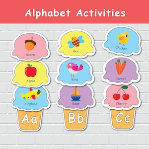 Activité d'association de l'alphabet de la crème glacée. Cahier chargé ABC. Feuilles de travail d'apprentissage. Apprentissage des lettres préscolaires. Imprimable pour les tout-petits.
