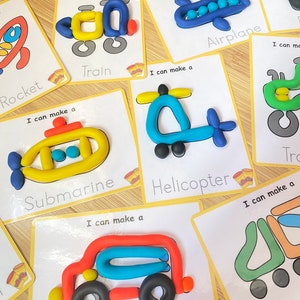 Tapetes Play Doh, tarjetas visuales de transporte, plastilina imprimible, actividad Montessori Play Doh, habilidades motoras finas para preescolar.