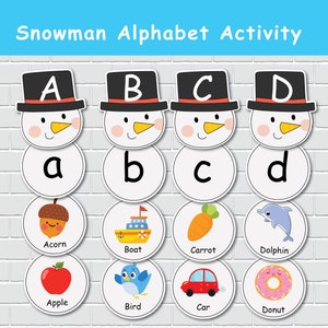 Activité imprimable alphabet bonhomme de neige pour enfants, activité d'association ABC, livre chargé d'hiver, programme d'enseignement à la maison, apprentissage de la maternelle à la maternelle