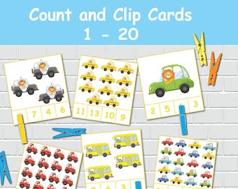 Clip de transporte y tarjetas de conteo 1-20, actividad de conteo para niños pequeños, aprendizaje preescolar, plan de estudios de educación en el hogar, material Montessori.