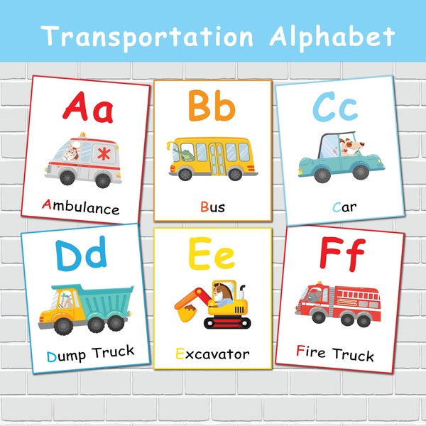 Alphabet Flashcards, Transportation Theme, ABC Printable Flash Cards, Homeschool Curriculum, Preschool Learning.