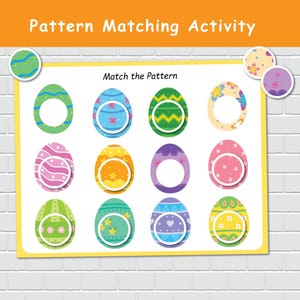 May include: A pattern matching activity for children. The image shows a white board with colorful Easter egg designs. The text "Pattern Matching Activity" is at the top. The eggs have various patterns and colors.