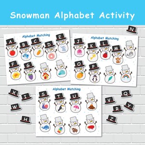 Actividad de emparejamiento de letras con muñeco de nieve para niños, juego de carpetas con el alfabeto, libro de actividades de invierno, plan de estudios para la educación en el hogar, aprendizaje preescolar y de jardín de infantes