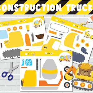 May include: A printable craft activity for kids featuring three construction trucks. The trucks are yellow with black details and are made up of different pieces that need to be cut out and glued together. The instructions are "1 Cut out" and "2 Glue".