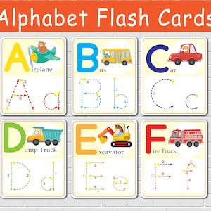 Flashcards voor alfabetten, auto's en vrachtwagens Afdrukbare flashkaarten voor overtrekken voor kinderen. Lettervorming, thuisonderwijs voorschoolse activiteiten