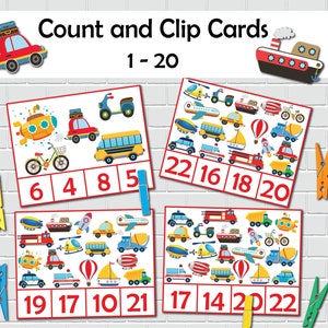 Découpez et comptez les numéros de cartes 1 à 20. Véhicules imprimables et choses qui marchent. École à la maison/Apprentissage préscolaire, Préscolaire, Maternelle