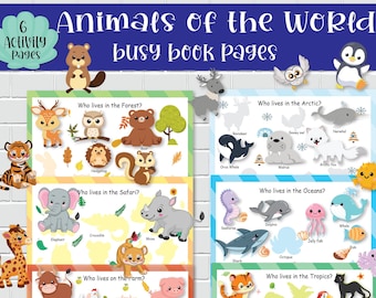 Animals of the World Busy Book Pages for Kids. Toddler Learning Binder for Preschool, Homeschool Kindergarten Pre-k Curriculum.