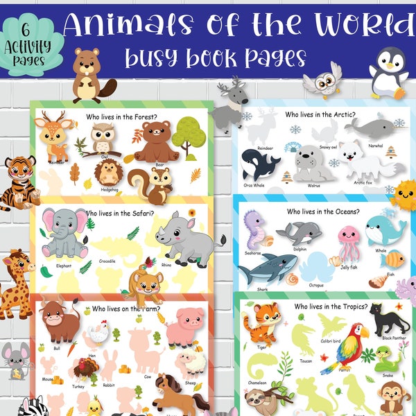 Animals of the World Busy Book Pages for Kids. Toddler Learning Binder for Preschool, Homeschool Kindergarten Pre-k Curriculum.