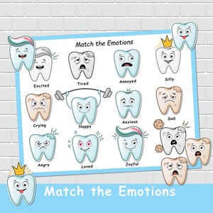 Activité d'appariement des émotions liées aux dents pour les enfants, activités à imprimer sur la santé dentaire, activité d'appariement des sentiments des tout-petits, activités pour l'autisme.