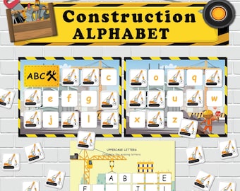 Könnte beinhalten: Ein Alphabet-Lernposter zum Thema Bau mit Großbuchstaben von A bis Z. Jeder Buchstabe ist mit einem Cartoon-Bild eines Baukrans gepaart. Ein separates Arbeitsblatt mit einem Cartoon-Baukran und einem Raster mit Feldern mit den Buchstaben A bis Z zum Ausfüllen.