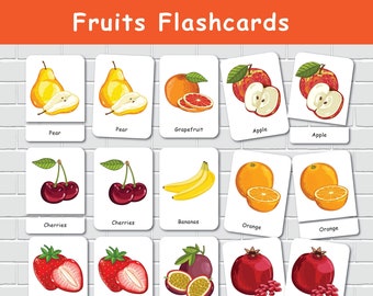 Fruits Three Part Cards, Montessori Flashcards, Homeschool Curriculum, Preschool Learning, Visual Cards.