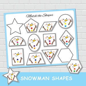 Activité d'association de formes 2D de bonhommes de neige pour enfants, livre chargé d'hiver, jeux de classement, éducation spéciale, cartable d'apprentissage préscolaire.