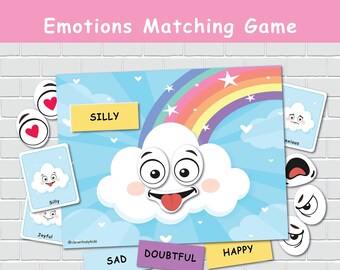 Jeu d'association d'émotions et de sentiments, activité arc-en-ciel pour les enfants, activités pour l'autisme, ressource pour l'école à la maison.
