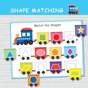 Activité d'association de formes de train, formes 2D, page de livre chargée de formes, jeux de classement, éducation spéciale, cartable d'apprentissage préscolaire.