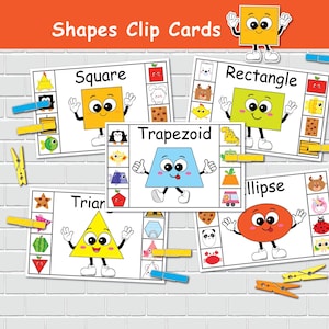Tarjetas con clips de formas, actividades imprimibles de formas 2D, juegos de carpetas de archivos, educación especial, carpeta de aprendizaje preescolar.