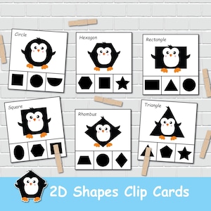 Cartões de recorte com formas de pinguins, formas 2D, livro de atividades de inverno, jogos de pasta de arquivo, educação especial, fichário de aprendizagem pré-escolar.