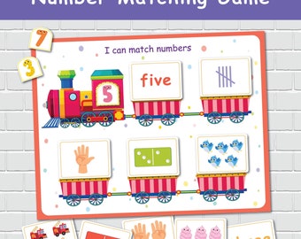 May include: A colorful train with five cars is used to teach number matching. The train has a number 5 on the engine and the words "I can match numbers" are written above the train. The cars have different images to match with the numbers 3, 5, and 7. The words "five" and "three" are written on the cars.