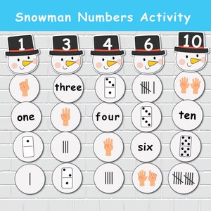 Activité d'association de bonhommes de neige de 1 à 10. Jeu de tri et d'association pour les tout-petits. Livre chargé d'hiver. Ressource pour l'école à la maison. Apprentissage de la maternelle à la maternelle.