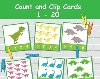 Dinosaurs Clip and Count Cards 1-20, Toddler Counting Activity, Preschool Learning, Homeschool Curriculum, Montessori Material.