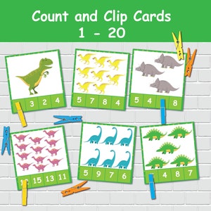 Dinosaurussen Knip- en telkaarten 1-20, Telactiviteit voor peuters, Kleuteronderwijs, Homeschoolcurriculum, Montessori-materiaal.