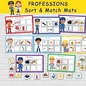 Tapis de tri pour enfants d'âge préscolaire pour les assistants communautaires. Activité imprimable Professions. Feuilles de travail sur les emplois et les professions. Pages de livre occupées pour tout-petits.