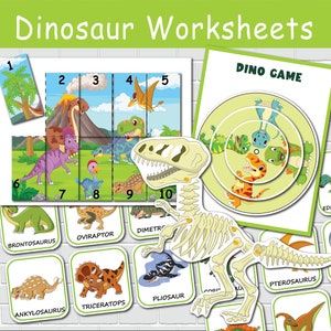 Pages de livre occupées de dinosaures pour tout-petits. Classeur d'apprentissage de la maternelle, activités imprimables, feuilles de travail préscolaires