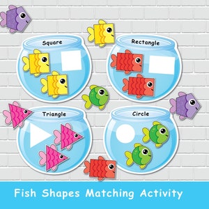 Formes de poisson et tapis de tri pour bocal à poissons, centre de formes 2D, page de livre occupée, jeux de classement, éducation spéciale, cartable d'apprentissage préscolaire.