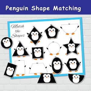 Activité d'association de formes de pingouin, formes 2D, page de livre chargée pour l'hiver, jeux de classement, éducation spéciale, cartable d'apprentissage préscolaire.