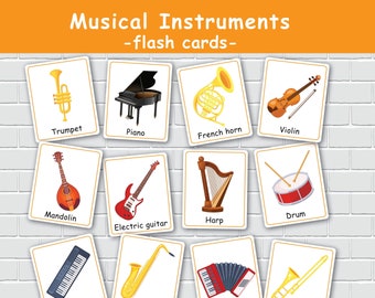 Tarjetas didácticas de instrumentos musicales, actividad imprimible para niños pequeños, tarjetas didácticas Montessori, aprendizaje preescolar, prekínder de jardín de infantes.