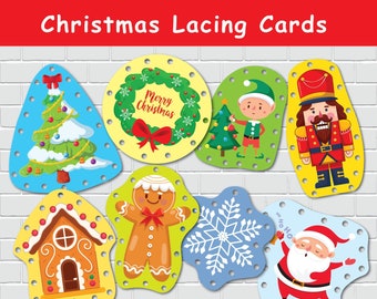 Christmas Lacing Cards, Preschool Fine Motor Skills Activity, Toddler Lacing Practice, Montessori Tying Toy, Winter Learning Activity.