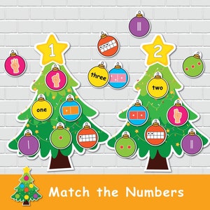 Activité à imprimer avec des numéros assortis de sapins de Noël pour les enfants. Comptage et jeu d'associations pour les tout-petits. Ressource pour l'école à la maison. Apprentissage de la maternelle à la maternelle