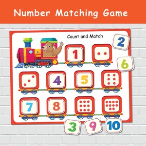 子供向けの列車の数字マッチング、数えて合わせるゲーム、幼児向けの忙しい本のページ、学習バインダー、就学前学習、教育リソース。