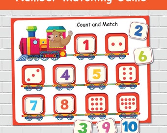 May include: A colorful train with a bear conductor is used to teach counting and matching numbers. The train has 10 cars, each with a different number of dots. The game includes 10 number tiles, each with a different number from 1 to 10. Count and Match.