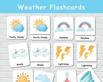 Weather Three Part Flash Cards, Watercolor Educational Flashcards, Preschool Weather Activity,  Homeschool Curriculum.
