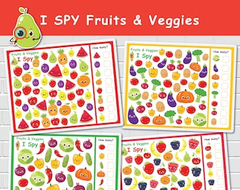 May include: A printable I Spy game for kids featuring colorful cartoon fruits and vegetables. The game has four different cards with various fruits and vegetables, each with a question asking how many of a specific fruit or vegetable are on the card.