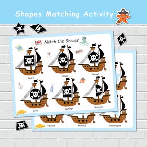 May include: A children's educational game featuring pirate-themed illustrations. The game includes cards with pirate ships and various geometric shapes, such as squares, circles, and rectangles. The text "Shapes Matching Activity" is at the top.