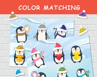 以下が含まれることがあります： 冬の服装をした漫画のペンギンが登場する、子供向けのカラーマッチングゲーム。帽子、スカーフ、キャンディケーンなどのさまざまなアクセサリーが付いたイラスト入りのペンギンが含まれています。「COLOR MATCHING」というテキストが上部に表示されています。