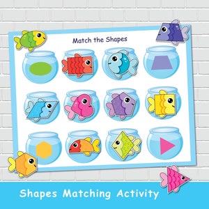 Activité de tri de formes de poisson, formes 2D, page de livre occupée, jeux de classement, éducation spéciale, cartable d'apprentissage préscolaire.
