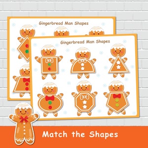 Activité d'association de formes de bonhomme en pain d'épice, formes 2D, livre chargé de Noël, jeux de classement, éducation spéciale, cartable d'apprentissage préscolaire.
