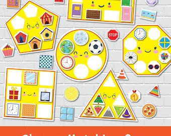 May include: A colorful shapes matching game for kids. The game features different shapes with various objects inside, including a house, a tent, a clock, a spider, a soccer ball, a pizza, and a Christmas tree. The game is designed to help children learn about shapes and colors.