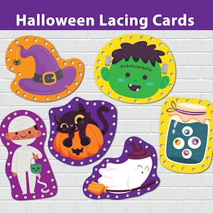 Carte per allacciare Halloween, attività di abilità motoria fine in età prescolare, attività per bambini autunnali, giocattolo da legare Montessori, attività di apprendimento autunnale